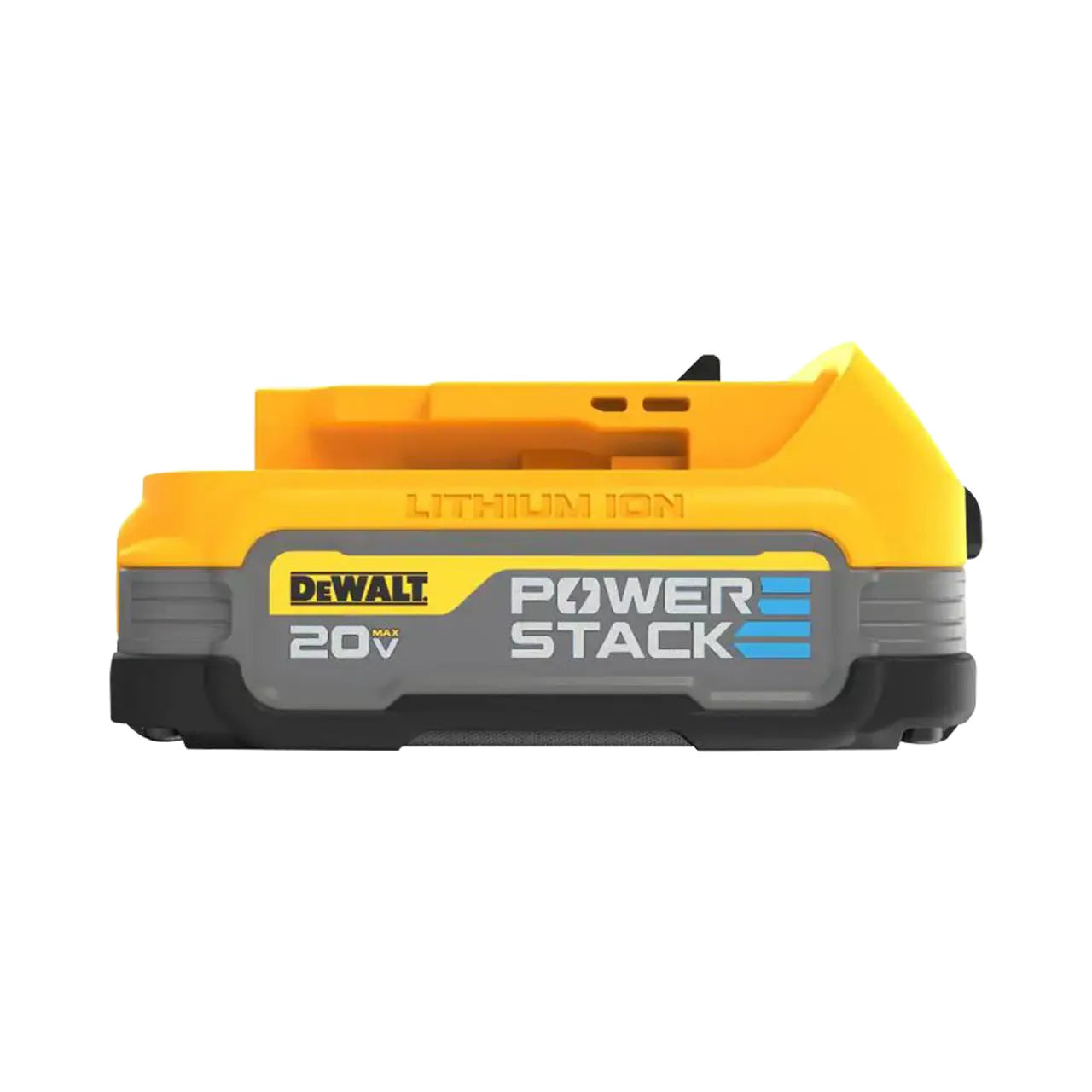 The Go Build 20V MAX Powerstack Compact Battery Starter Kit is ideal for 20-Volt MAX tools, featuring a compact lithium-ion battery in a yellow and gray casing with PowerStack branding.